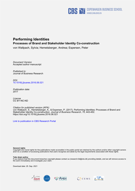 Performing Identities Processes of Brand and Stakeholder Identity Co-Construction Von Wallpach, Sylvia; Hemetsberger, Andrea; Espersen, Peter