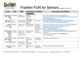 Franklin FUN for Seniors (Updated 30 July 2019) CLUB DAY TIME LOCATION CONTACT Information and EMAILS