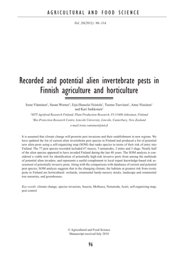 Recorded and Potential Alien Invertebrate Pests in Finnish Agriculture and Horticulture