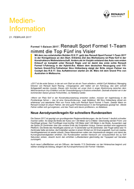 Renault Sport Formel 1-Team Nimmt Die Top Fünf Ins Visier Mit Dem Neu Entwickelten Boliden R.S.17