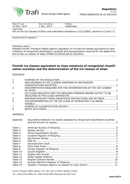 Finnish Ice Classes Equivalent to Class Notations of Recognized Classifi