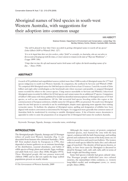 Aboriginal Names of Bird Species in South-West Western Australia, with Suggestions for Their Adoption Into Common Usage