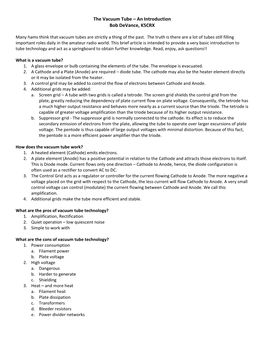 The Vacuum Tube – an Introduction Bob Devance, K5CRX