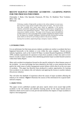 RECENT RAILWAY INDUSTRY ACCIDENTS : LEARNING POINTS for the PROCESS INDUSTRIES Christopher J