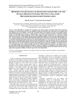 Reproductive Ecology of Graptemys Geographica of the Juniata River in Central Pennsylvania, with Recommendations for Conservation