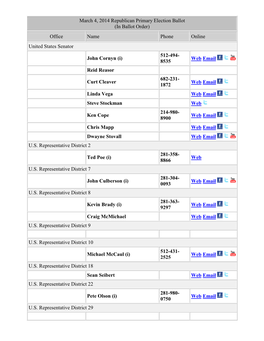 March 4, 2014 Republican Primary Election Ballot (In Ballot Order) Office Name Phone Online United States Senator 512-494- John Cornyn (I) Web Email 8535 Reid Reasor