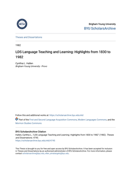 LDS Language Teaching and Learning: Highlights from 1830 to 1982