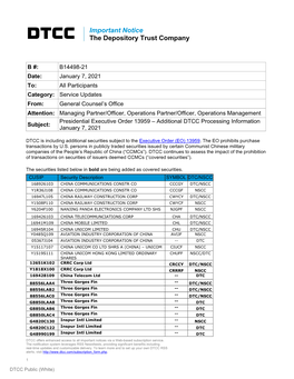 Presidential Executive Order 13959 – Additional DTCC Processing Information Subject: January 7, 2021