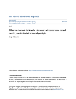 El Premio Herralde De Novela: Literatura Latinoamericana Para El Mundo Y Desterritorialización Del Prestigio