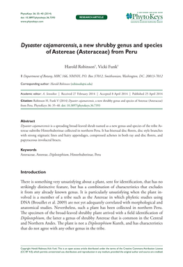 ﻿﻿﻿﻿﻿Dysaster Cajamarcensis﻿﻿, a New Shrubby Genus and Species of Astereae (Asteraceae) from Peru