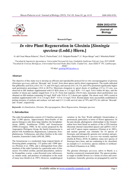 In Vitro Plant Regeneration in Gloxinia [Sinningia Speciosa (Lodd.) Hiern.]