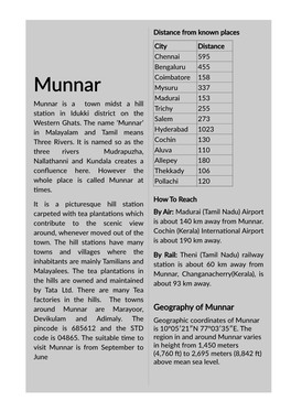 Munnar Mysuru 337 Madurai 153 Munnar Is a Town Midst a Hill Trichy 255 Station in Idukki District on the Salem 273 Western Ghats