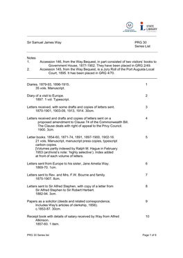 Sir Samuel James Way PRG 30 Series List Notes 1. Accession 146