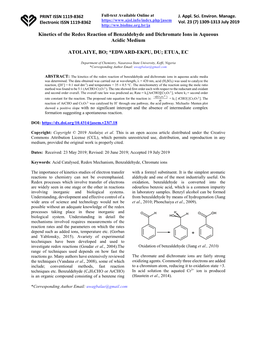 Kinetics of the Redox Reaction of Benzaldehyde and Dichromate Ions in Aqueous Acidic Medium