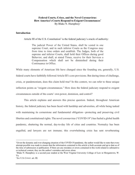 Federal Courts, Crises, and the Novel Coronavirus: How America's Courts Respond to Exigent Circumstances* by Blake N. Humphrey
