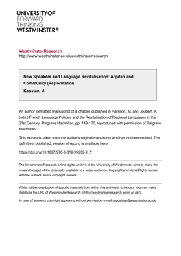 Westminsterresearch New Speakers and Language Revitalisation: Arpitan and Community (Re)Formation Kasstan, J