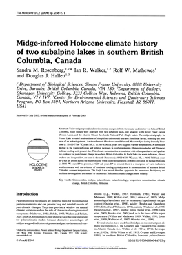 Midge-Inferred Holocene Climate History of Two Subalpine Lakes in Southern British Columbia, Canada