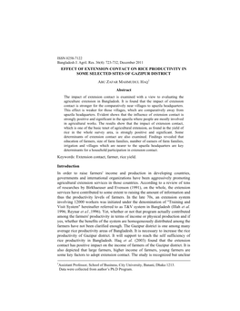 Effect of Extension Contact on Rice Productivity in Some Selected Sites of Gazipur District