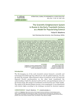 The Scientific Enlightenment System in Russia in the Early Twentieth Century As a Model for Popularizing Science Yuliya B