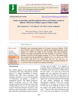 Study on Mortality and Recruitment Pattern of Etroplus Suratensis (Bloch, 1790) from Chilika Lagoon, Odisha, India