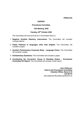 PR/02/13/A AGENDA Procedures Committee 13Th Meeting, 2002