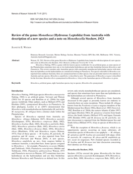 Review of the Genus Monotheca (Hydrozoa: Leptolida) from Australia with Description of a New Species and a Note on Monothecella Stechow, 1923