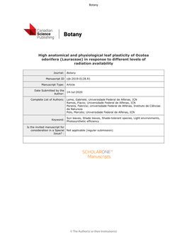 High Anatomical and Physiological Leaf Plasticity of Ocotea Odorifera (Lauraceae) in Response to Different Levels of Radiation Availability