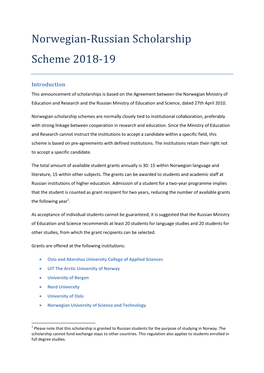 Norwegian-Russian Scholarship Scheme 2018-19