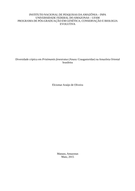 Instituto Nacional De Pesquisas Da Amazônia – Inpa Universidade Federal Do Amazonas – Ufam Programa De Pós-Graduação Em Genética, Conservação E Biologia Evolutiva