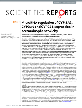 Microrna Regulation of CYP 1A2, CYP3A4 and CYP2E1 Expression in Acetaminophen Toxicity