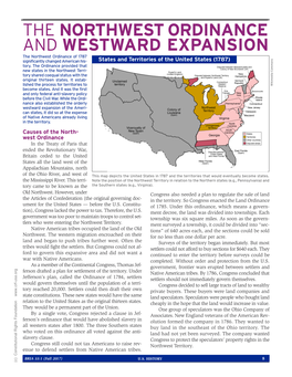 NORTHWEST ORDINANCE and WESTWARD EXPANSION the Northwest Ordinance of 1787 Significantly Changed American His- States and Territories of the United States (1787) Tory