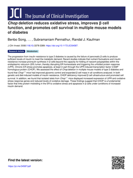 Chop Deletion Reduces Oxidative Stress, Improves Β Cell Function, and Promotes Cell Survival in Multiple Mouse Models of Diabetes