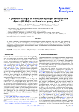 A General Catalogue of Molecular Hydrogen Emission-Line Objects (Mhos) in Outﬂows from Young Stars�,