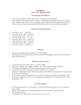 Jay Roberts Lesson Plan: Mongol Dynasty Yuan Dynasty 1279-1368