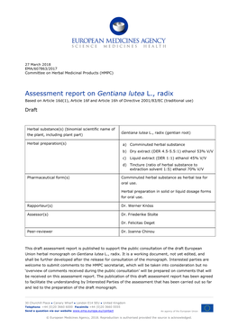 Assessment Report on Gentiana Lutea L., Radix Based on Article 16D(1), Article 16F and Article 16H of Directive 2001/83/EC (Traditional Use)