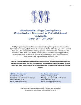 Hilton Hawaiian Village Catering Menus Customized and Discounted for ISA’S 61St Annual Convention March 25Th - 28Th, 2020