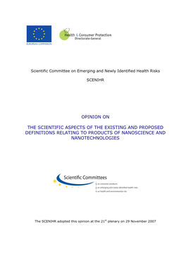 Opinion on the Scientific Aspects of the Existing and Proposed Definitions Relating to Products of Nanoscience and Nanotechnol