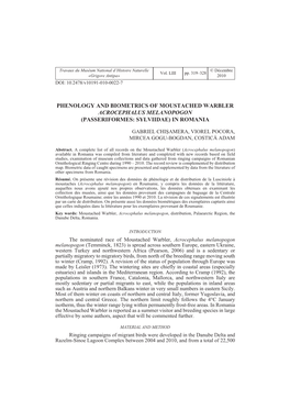 Phenology and Biometrics of Moustached Warbler Acrocephalus Melanopogon (Passeriformes: Sylviidae) in Romania