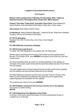 Page 1 of 10 Loughton & Great Holm Parish Council Full Council Minutes of the Meeting Held on Monday 21St November 2016, 7