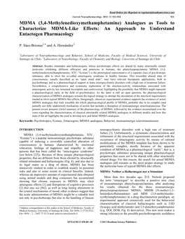 MDMA (3,4-Methylenedioxymethamphetamine) Analogues As Tools to Characterize MDMA-Like Effects: an Approach to Understand Entactogen Pharmacology