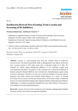 Earthworm-Derived Pore-Forming Toxin Lysenin and Screening of Its Inhibitors