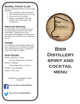 Bier Distillery Spirit and Cocktail Menu