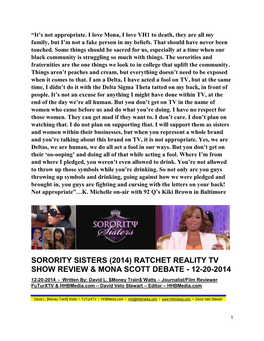 SORORITY SISTERS (2014) RATCHET REALITY TV SHOW REVIEW & MONA SCOTT DEBATE - 12-20-2014 12-20-2014 - Written By: David L