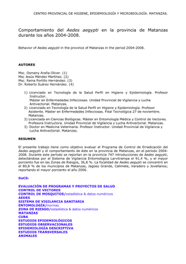 Comportamiento Del Aedes Aegypti En La Provincia De Matanzas Durante Los Años 2004-2008