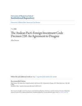 The Andean Pact's Foreign Investment Code Decision 220: an Agreement to Disagree Allan Preziosi