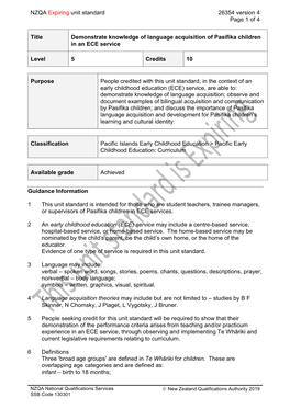 NZQA Expiring Unit Standard 26354 Version 4 Page 1 of 4 Title Demonstrate Knowledge of Language Acquisition of Pasifika Children