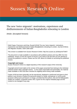 Twice Migrants’: Motivations, Experiences and Disillusionments of Italian­Bangladeshis Relocating to London