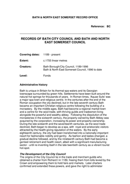 BATH & NORTH EAST SOMERSET RECORD OFFICE Reference: BC