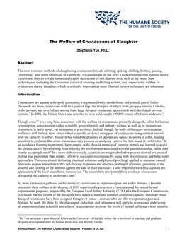 The Welfare of Crustaceans at Slaughter Stephanie Yue, Ph.D.*