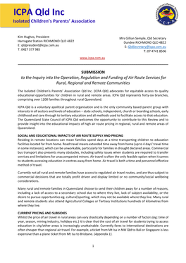 SUBMISSION to the Inquiry Into the Operation, Regulation and Funding of Air Route Services for Rural, Regional and Remote Communities